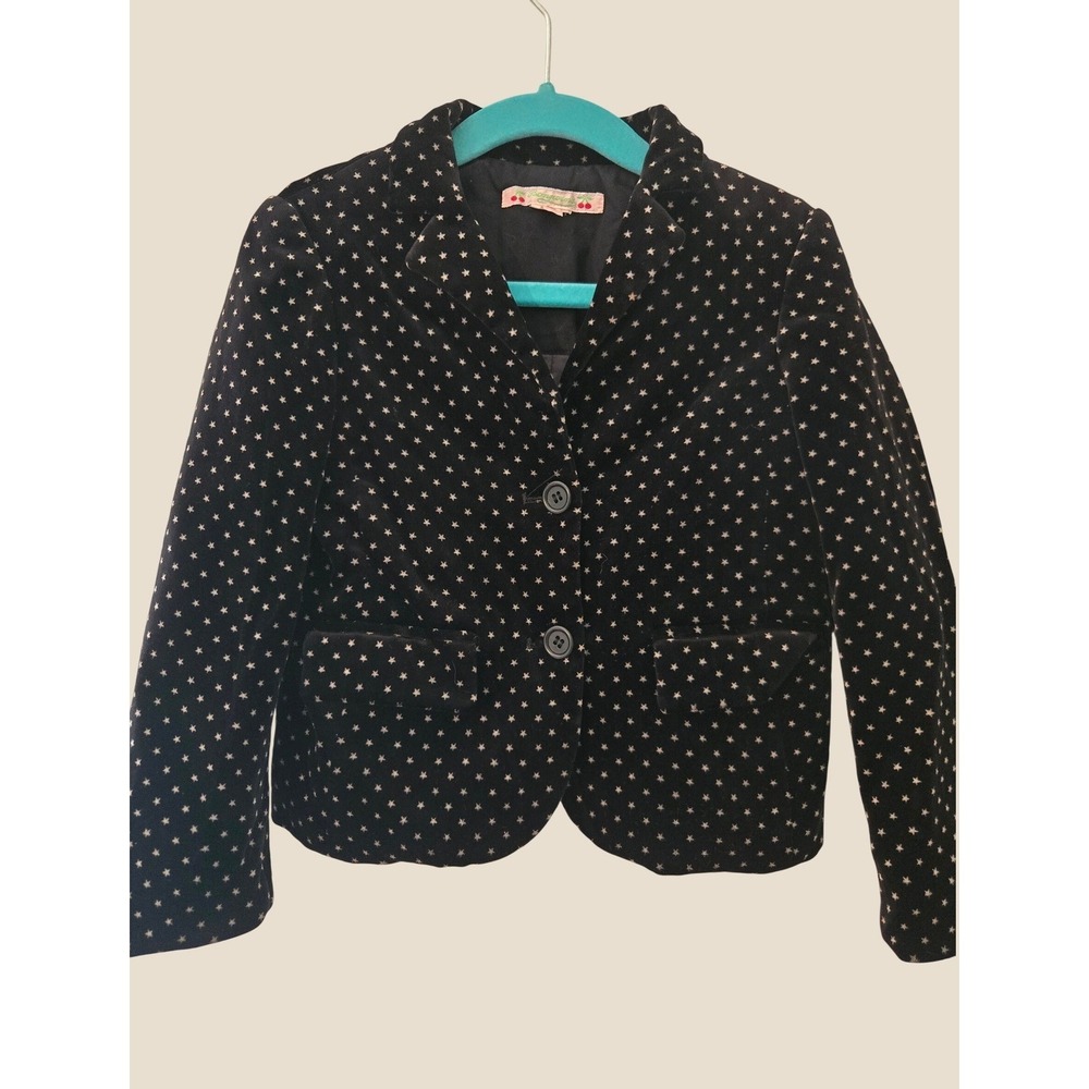 Bonpoint Kids Black‎ Velvet Star Print Blazer Jacket Size 4 Notch Lapel Tailored